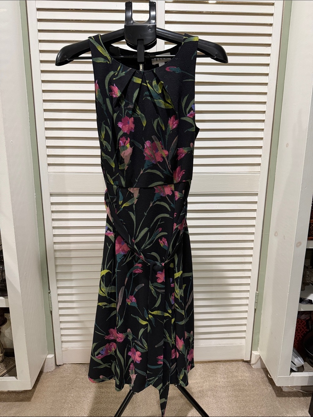 Elle Black Floral Sleeveless Midi Dress with Pink Blooms and belt